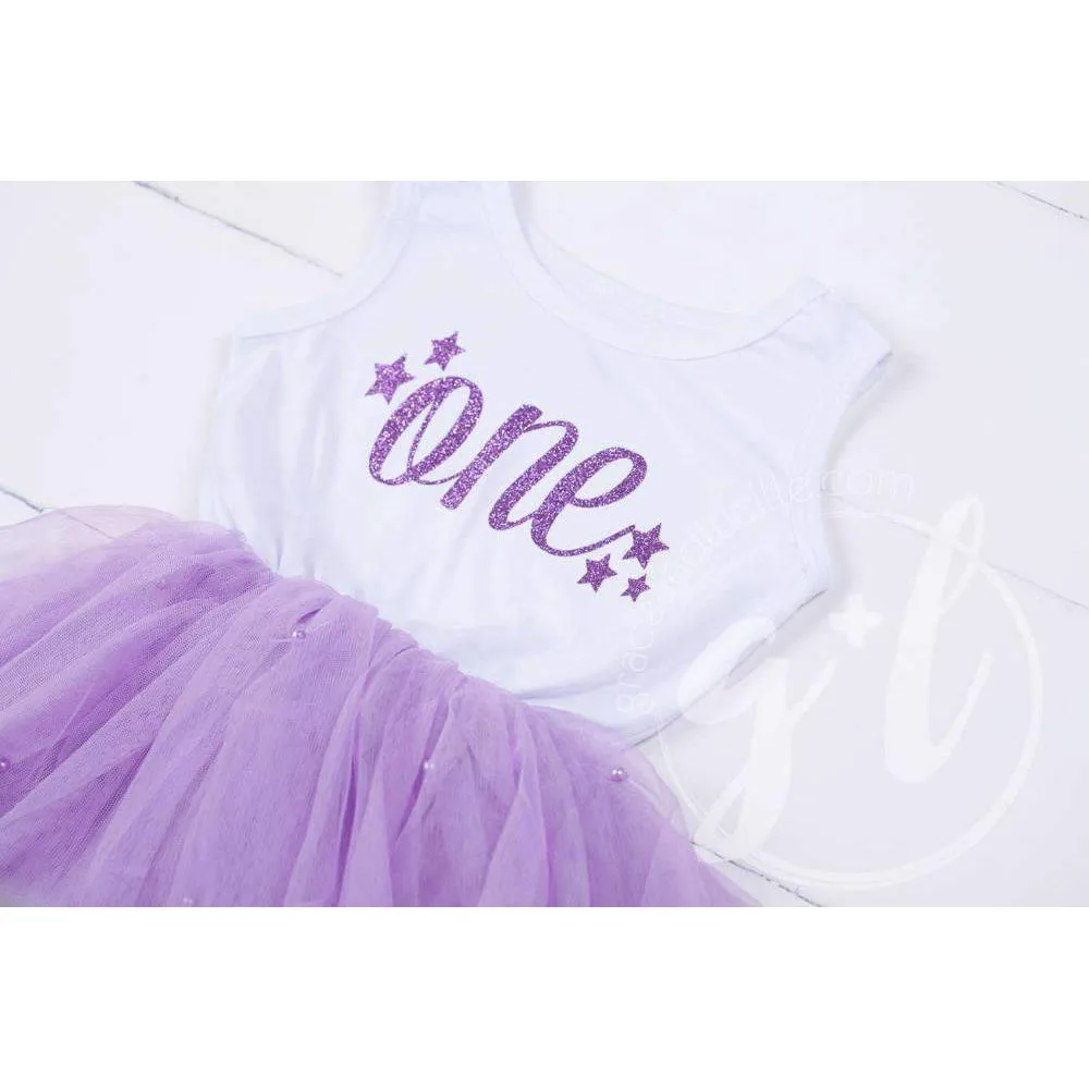 1st Birthday Dress Purple Starry Script "ONE" White Sleeveless with attached Purple Tutu