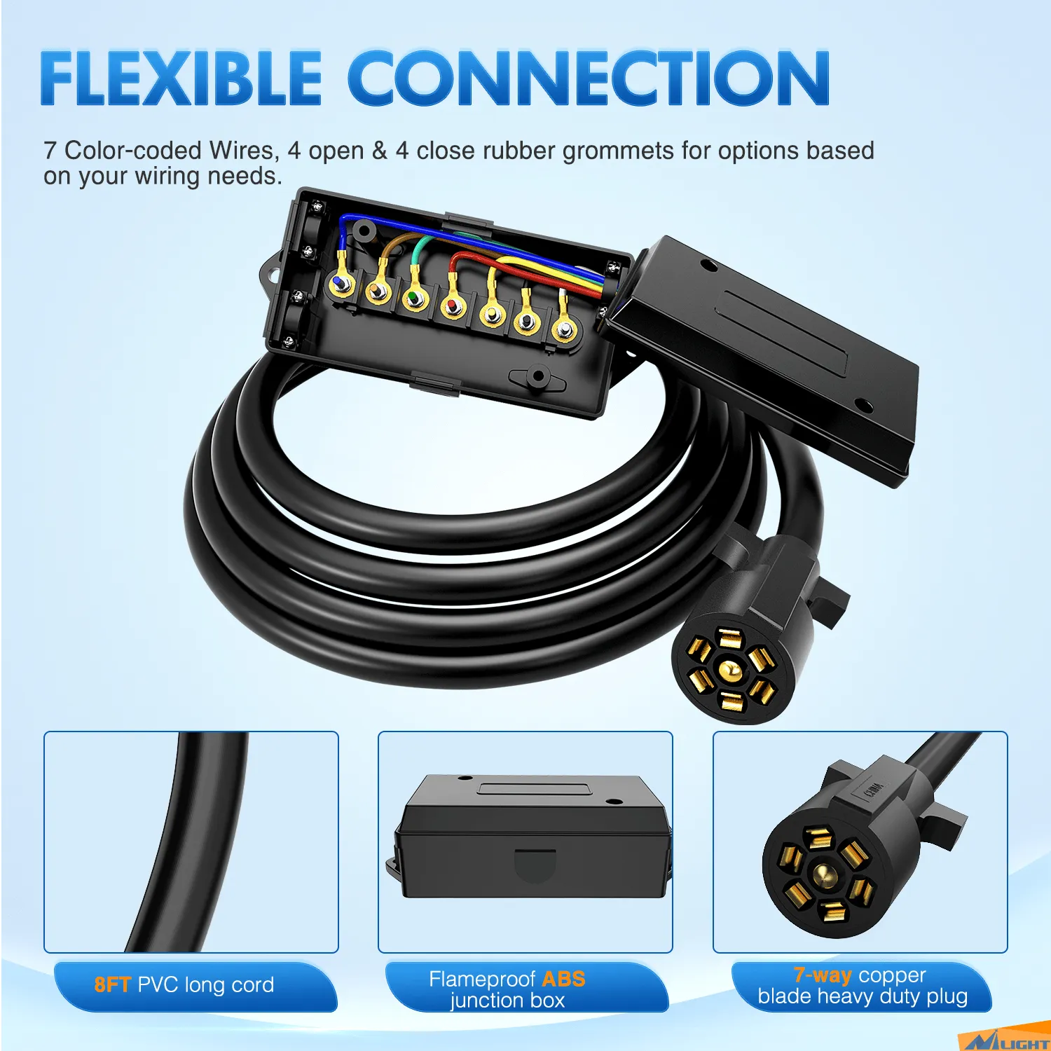 8FT 7-Way Plug Inline Trailer Cord With 7-Gang Junction Box