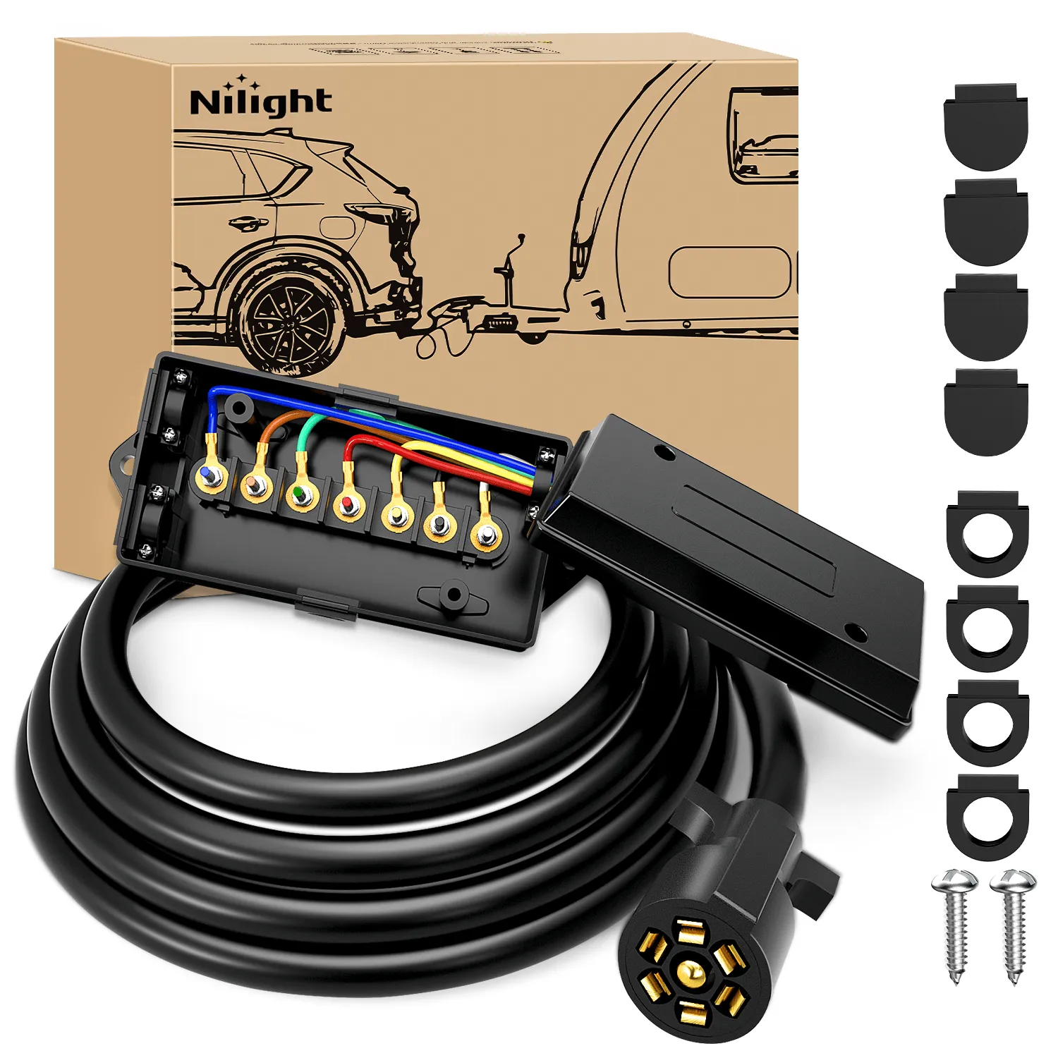 8FT 7-Way Plug Inline Trailer Cord With 7-Gang Junction Box