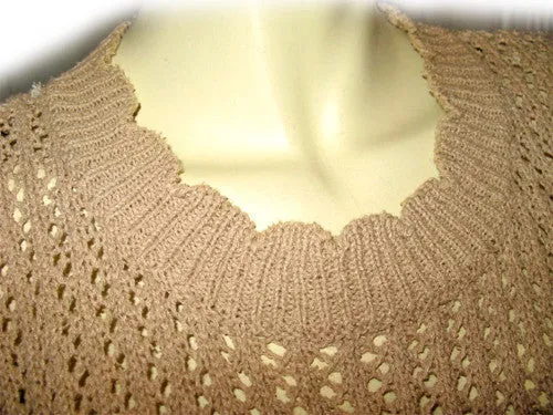 CHAUS Womens Tops BEIGE BROWN Knit Knitted CROCHET Short Sleeve Fishnet Fish Net See Through TOP Clothes