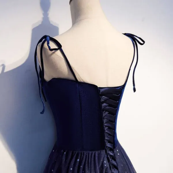 Dark Blue Starry Prom Dresses Spaghetti Strap Long Evening Dress KPP1809