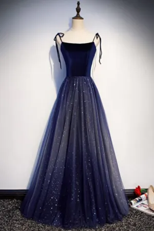 Dark Blue Starry Prom Dresses Spaghetti Strap Long Evening Dress KPP1809