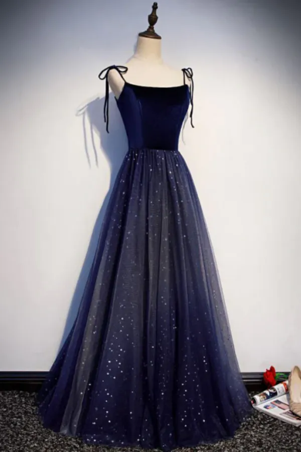 Dark Blue Starry Prom Dresses Spaghetti Strap Long Evening Dress KPP1809