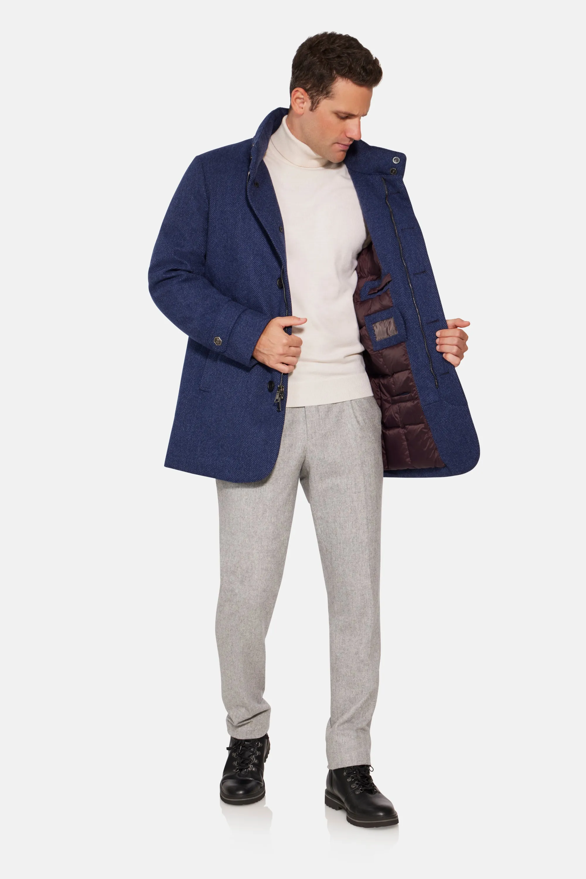 Hooded Cashmere Wool Car Coat, Mid Blue Herringbone