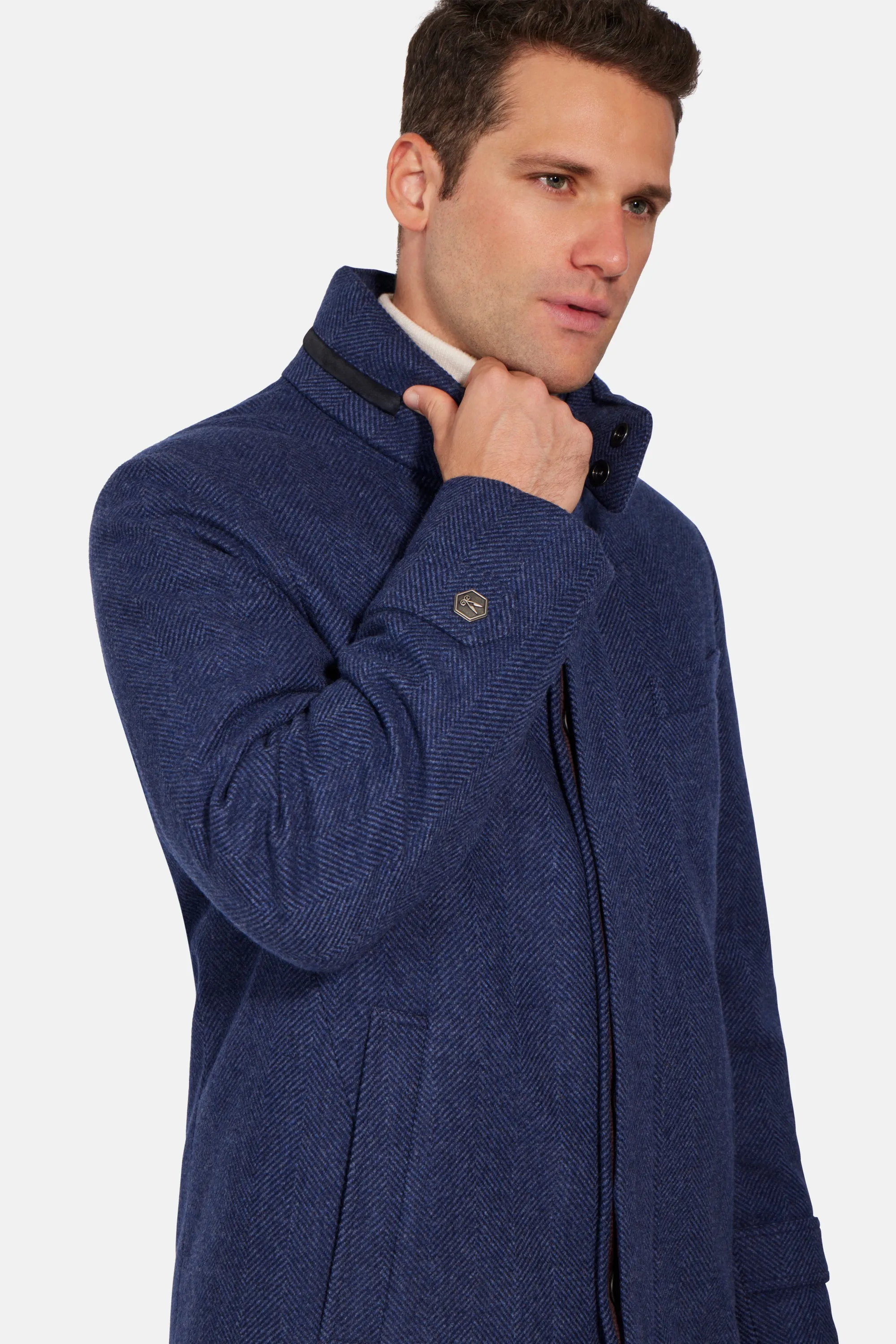 Hooded Cashmere Wool Car Coat, Mid Blue Herringbone