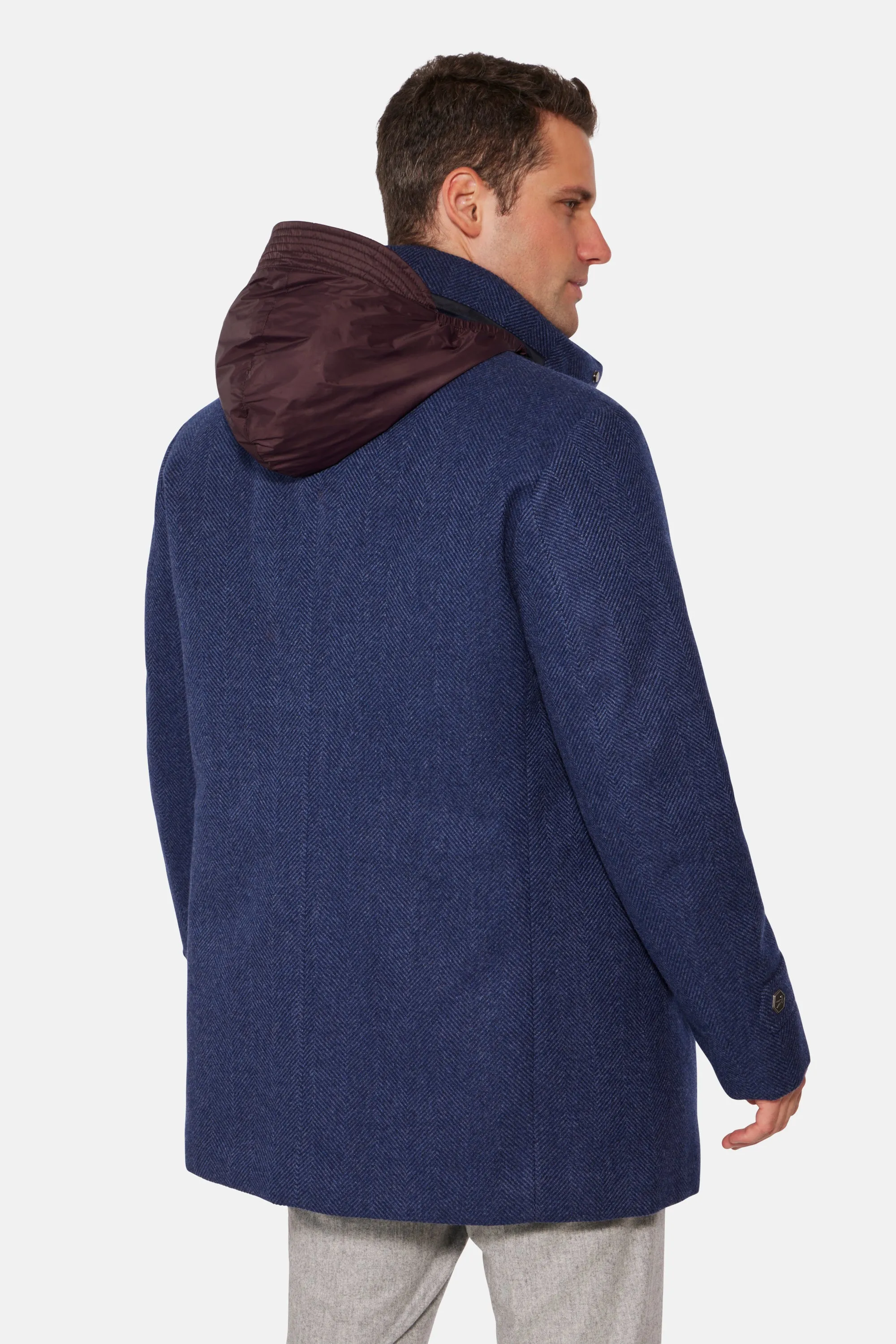 Hooded Cashmere Wool Car Coat, Mid Blue Herringbone