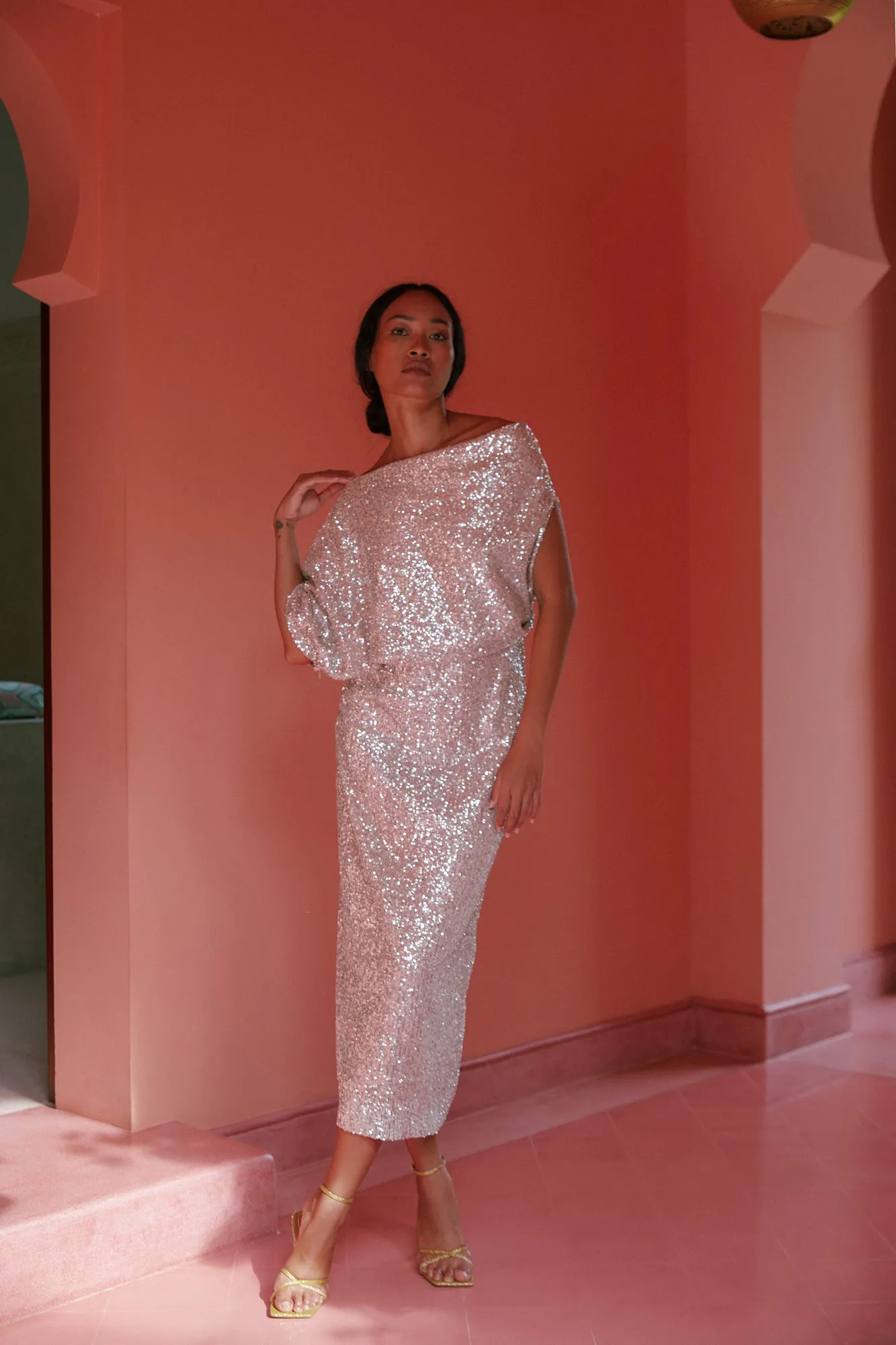MARGO silver sequin asymmetric midi dress