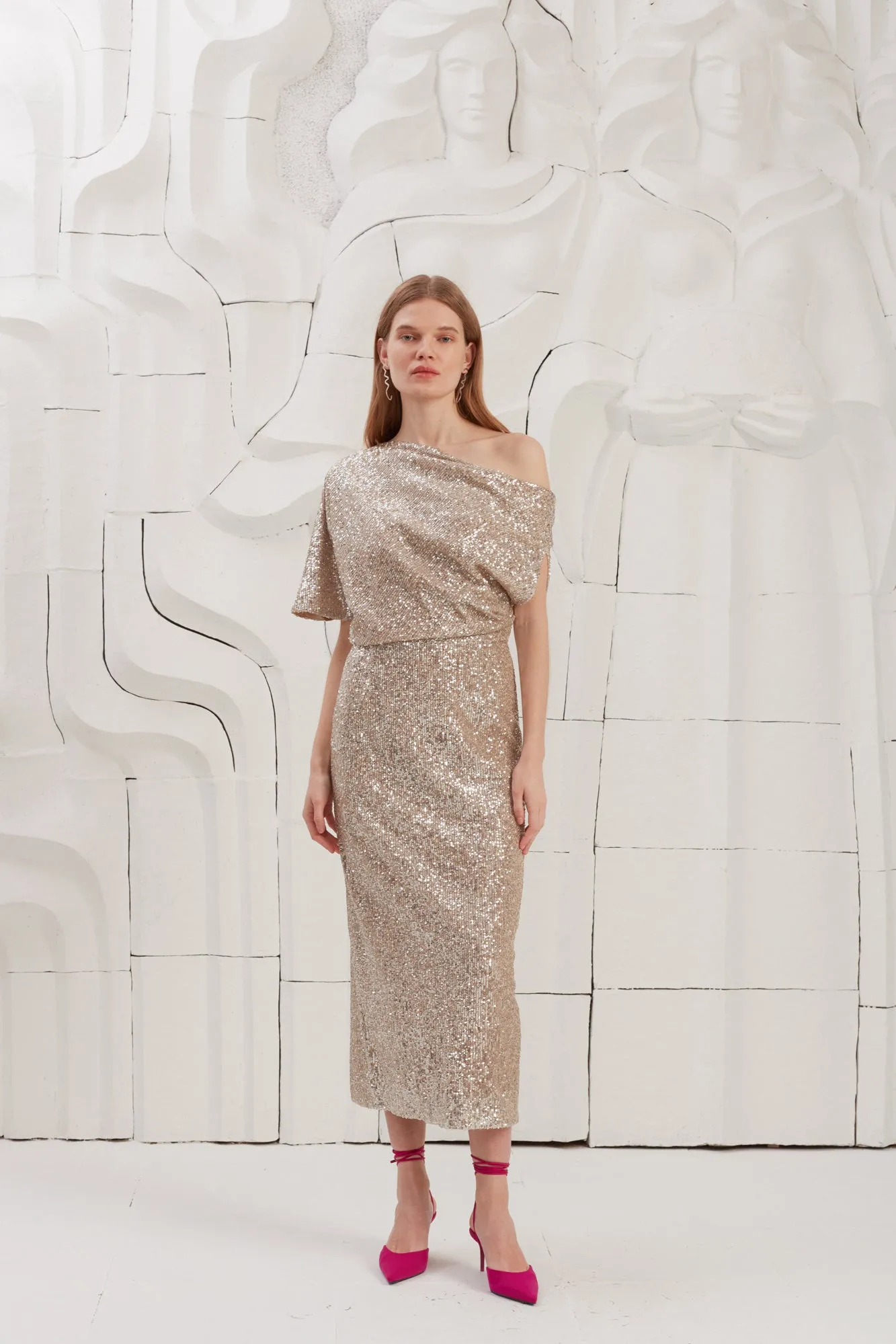 MARGO silver sequin asymmetric midi dress