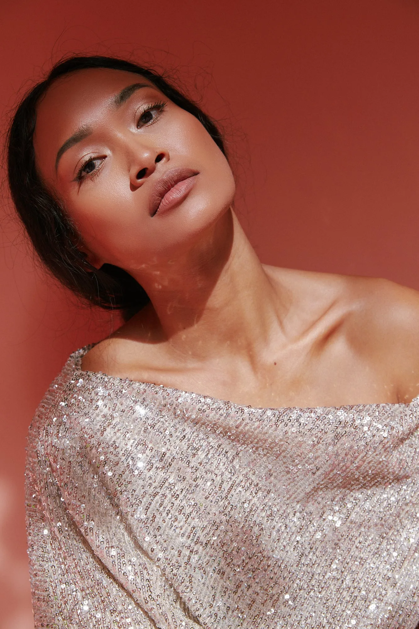 MARGO silver sequin asymmetric midi dress