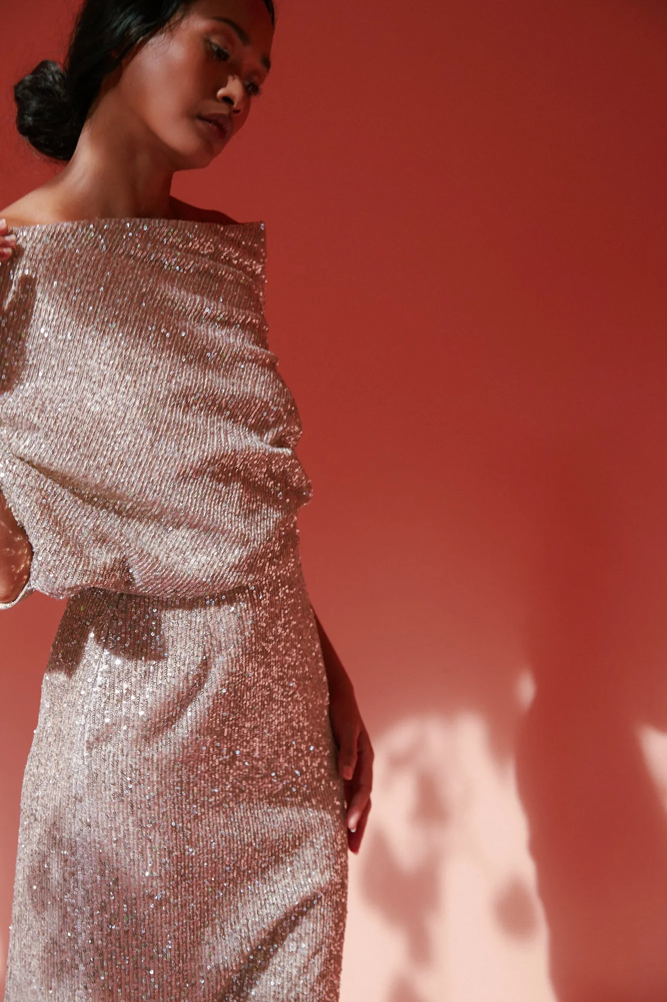 MARGO silver sequin asymmetric midi dress