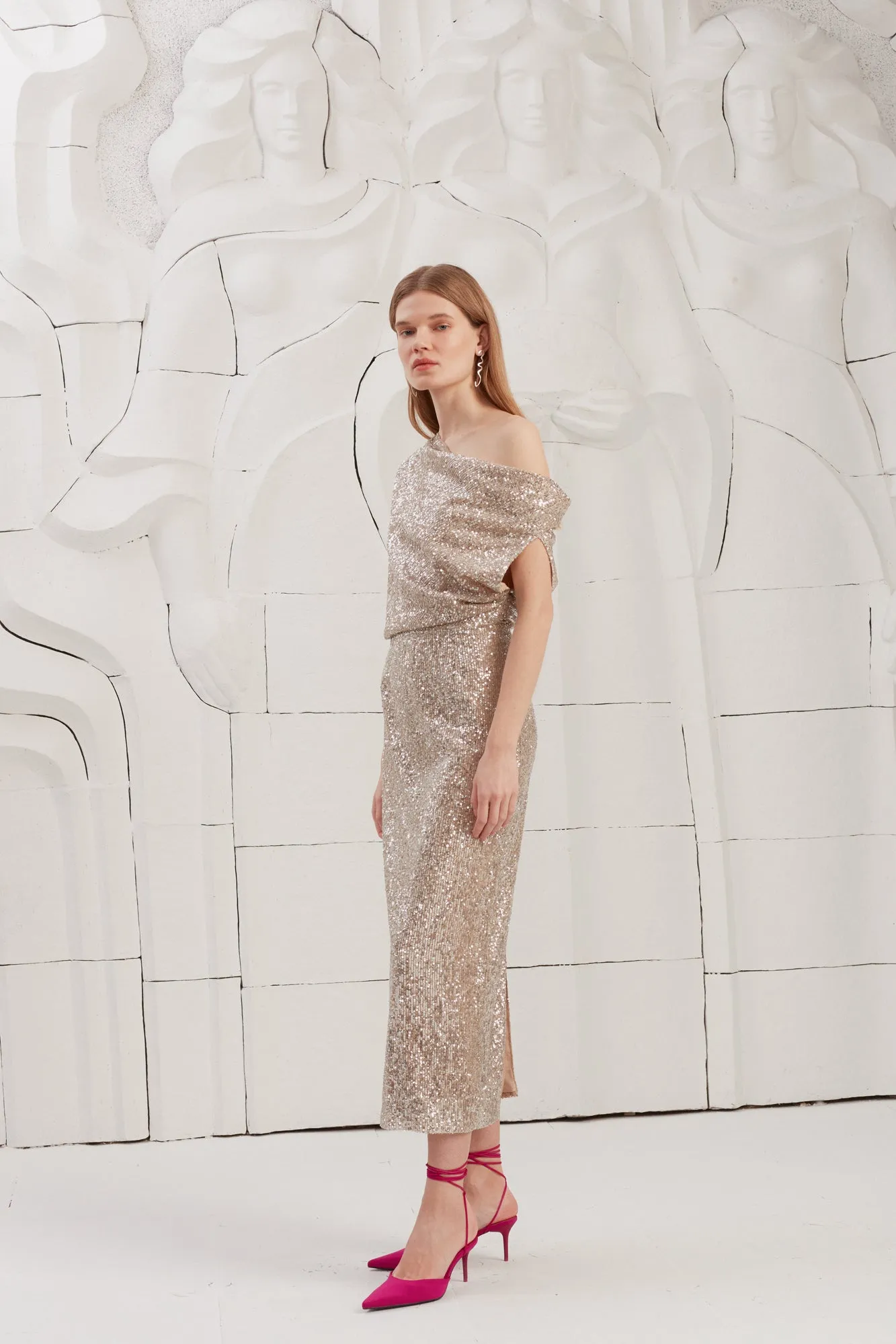 MARGO silver sequin asymmetric midi dress