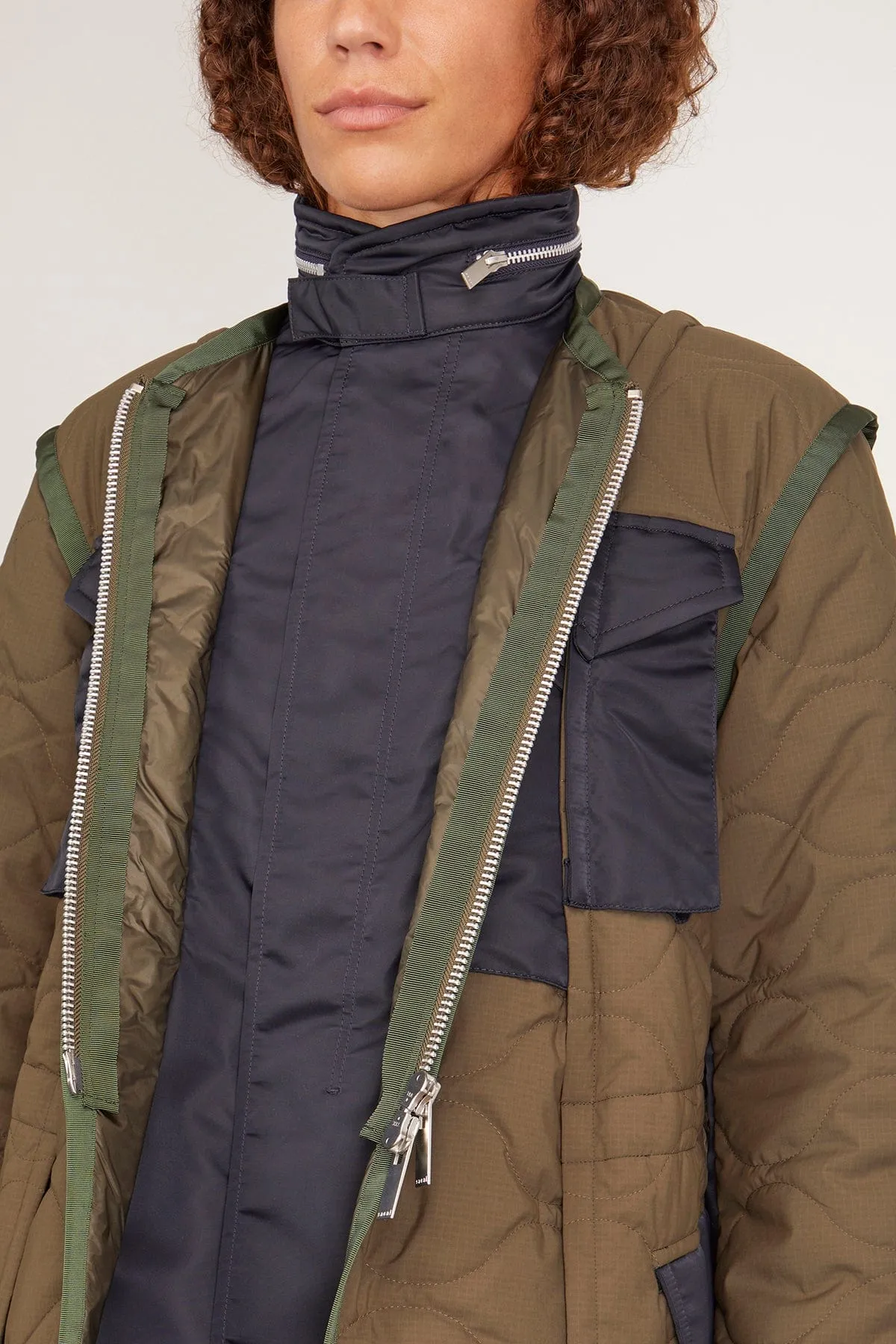 Rip Stop Quilted Coat in Khaki/Dark Navy