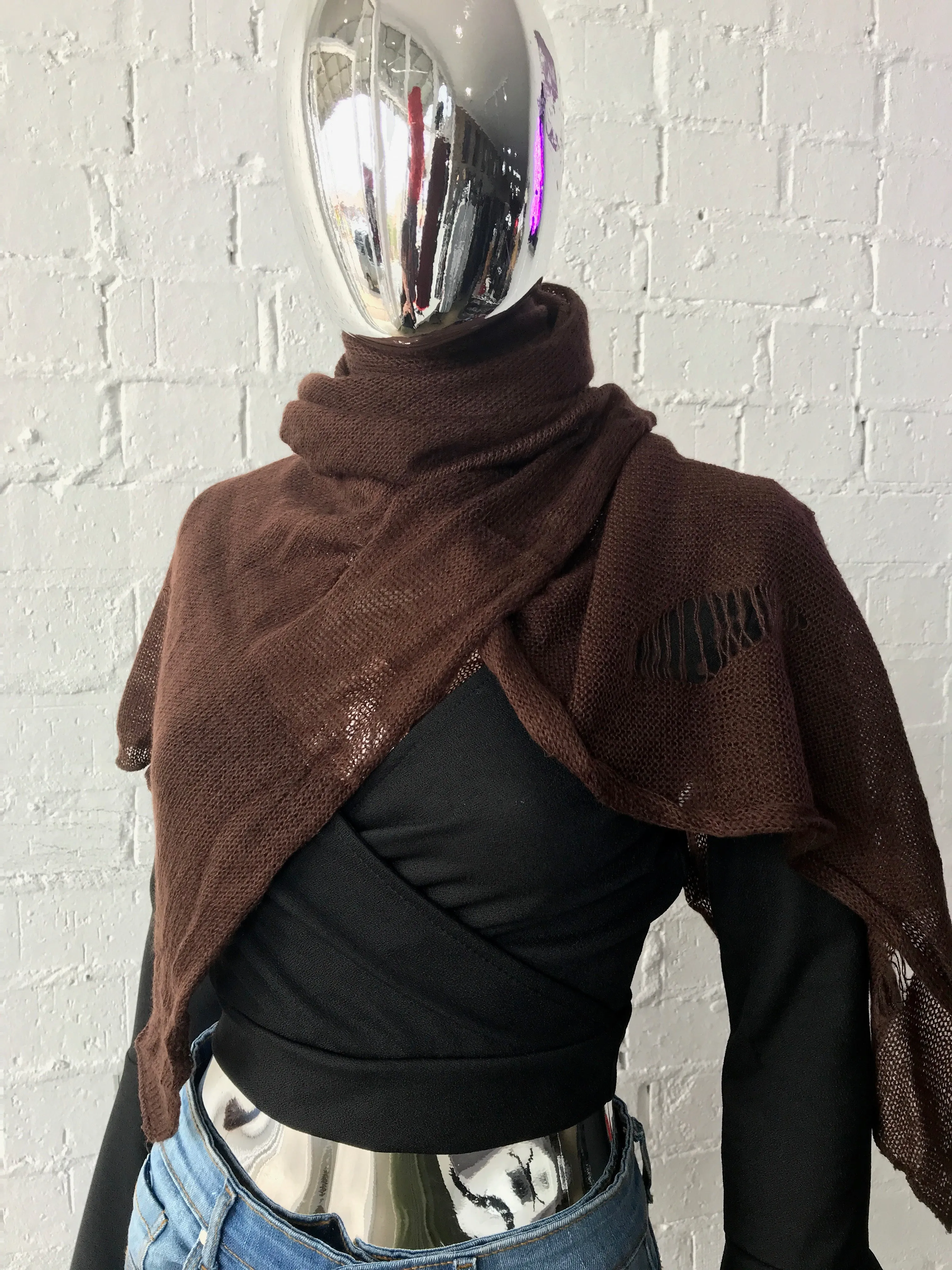 Scarf • Fine Knit with Frayed Detail • Brown